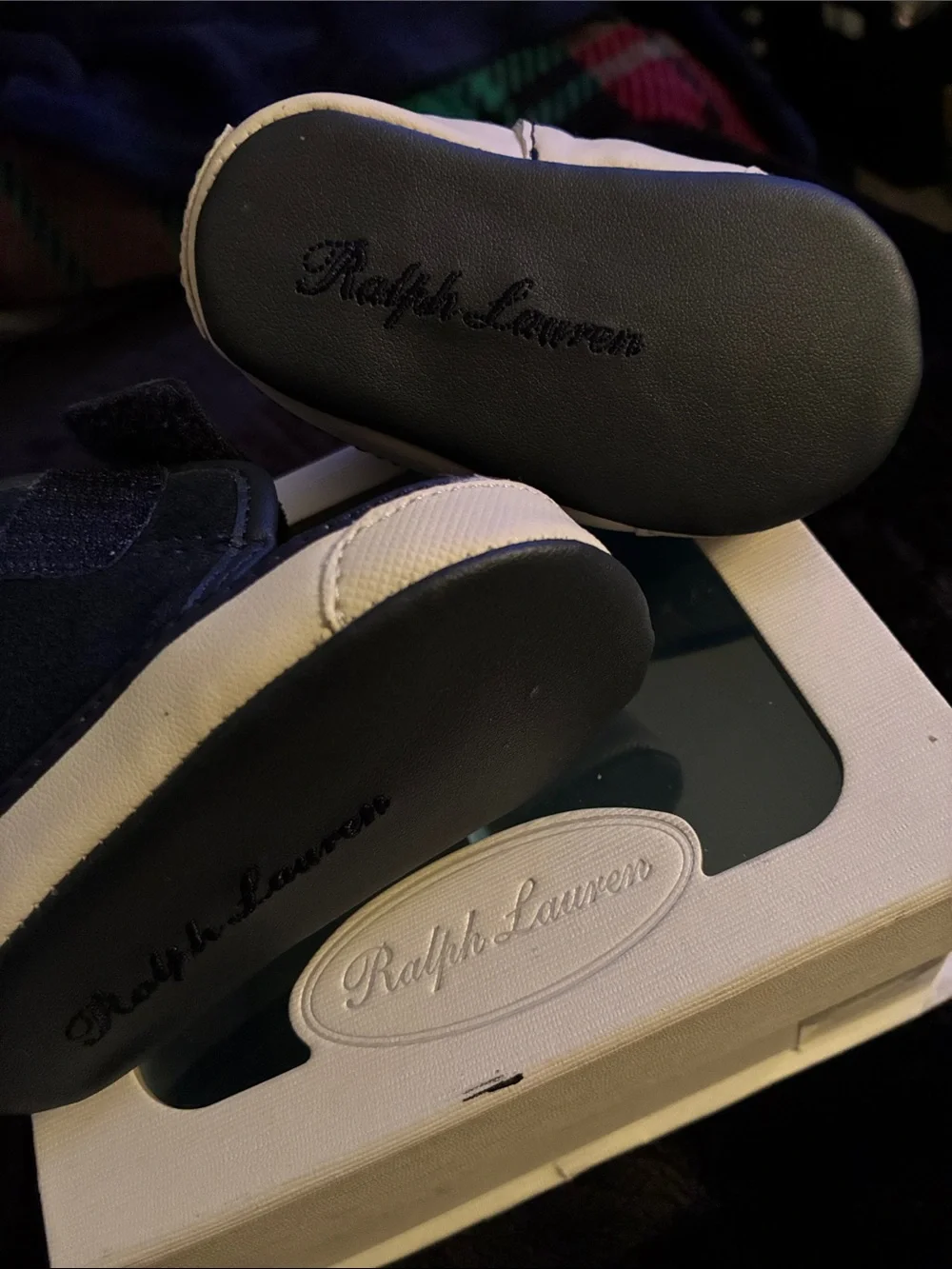 Ralph Lauren Navy Suede Baby Walker Sneakers with Ivory Sole Accent